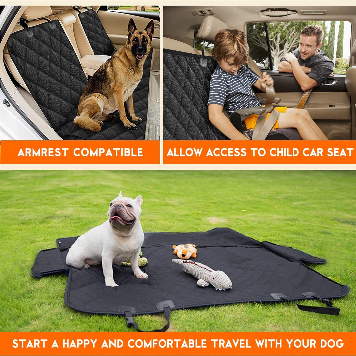 Premium Waterproof Dog Car Seat Cover - Non-Slip Back Seat Protector for Cars, Trucks, and SUVs with Middle Armrest Compatibility - Black